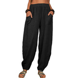 Damen nan lockere Leinenhose mit weitem Bein elastischem Bund und großen aufgesetzten Taschen Drune in Schwarz