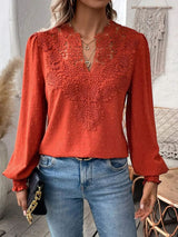 Damen nan Spitzenapplikation V-Ausschnitt Bluse mit Strukturpunkt, gerafften Manschetten und leicht taillierter Silhouette Drune in Rot