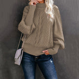 Damen nan Zopfmuster-Strickpullover mit Rollkragen und Ballonärmeln Drune in Khaki