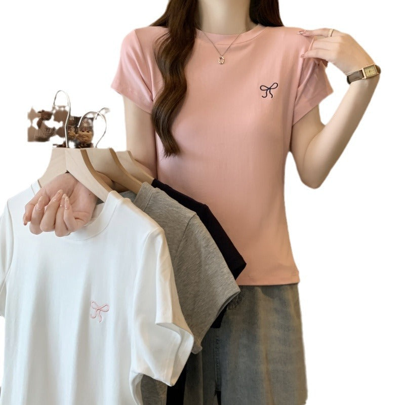 Damen Kurzarm Freizeit Grafik T-Shirt mit verspieltem Schleifendessin Heidi-Mode