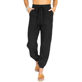 Damen nan leichte Leinenoptik Freizeit-Hose mit hohem elastischem Bund, Kordelzug, aufgesetzten Taschen und elastischen Knöchelbündchen Drune in Schwarz