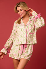 Damen nan verspieltes zweiteiliges Pyjama-Set mit Volantärmeln, Kordelzug und Brusttasche Drune in Grün