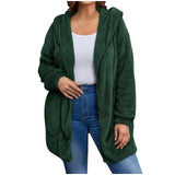 Damen nan kuschelige Teddy-Fleece Kapuzenjacke mit großen Eingrifftaschen und entspannter Silhouette Drune in Dunkelgrün