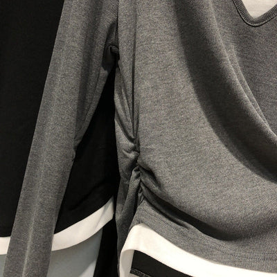 Femme Lagen V-Ausschnitt Langarmtop mit verstellbarem Seitenschnürung Heidi-Mode