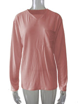 Damen nan legeres Langarmshirt mit V-Notch-Ausschnitt, Brusttasche und lockerer Oversize-Passform Drune in Pink - mit Tasche, Langarm