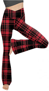 Damen nan taillenhohe Yogahose mit überkreuztem Bund und ausgestelltem Saum mit Schlitz Drune in Rot Groß-/Klein-Kariert