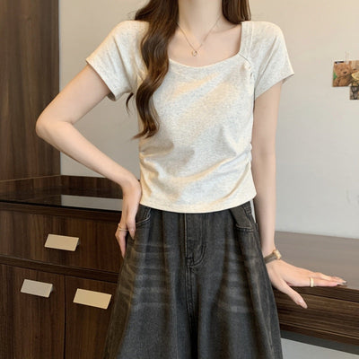 Damen Kurzarm V-Ausschnitt Tailliertes T-Shirt mit Texturiertem Stoff Heidi-Mode