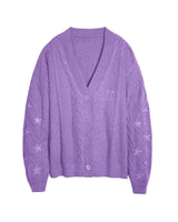 Damen nan großzügiger Grobstrick-Cardigan mit Zopfmuster, V-Ausschnitt und Sternstickereien Drune in Violett