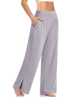 Damen nan weite Yogahose mit hohem Komfortbund, seitlichen Eingrifftaschen und seitlichem Bein-Schlitz Drune in Hellgrau