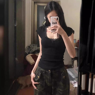 Femme Spitzenbesatz Cap Sleeve Top Heidi-Mode