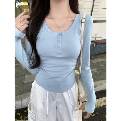 Damen Langarm Henley Oberteil Heidi-Mode