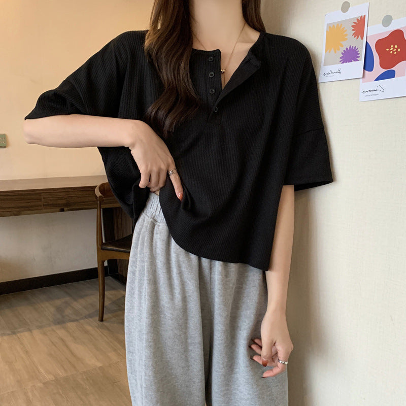 Femme Relaxed Fit Kurzarm Henley Oberteil Heidi-Mode