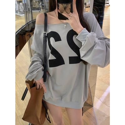 Damen Off-Shoulder Übergröße Sweatshirt mit fettem Grafikdruck Heidi-Mode