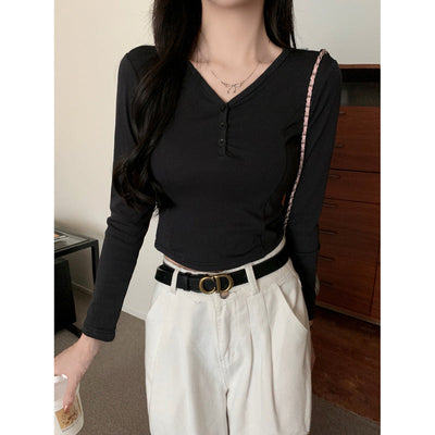 Femme Langarm Enganliegendes Henley-Oberteil mit Knopfverschluss Heidi-Mode