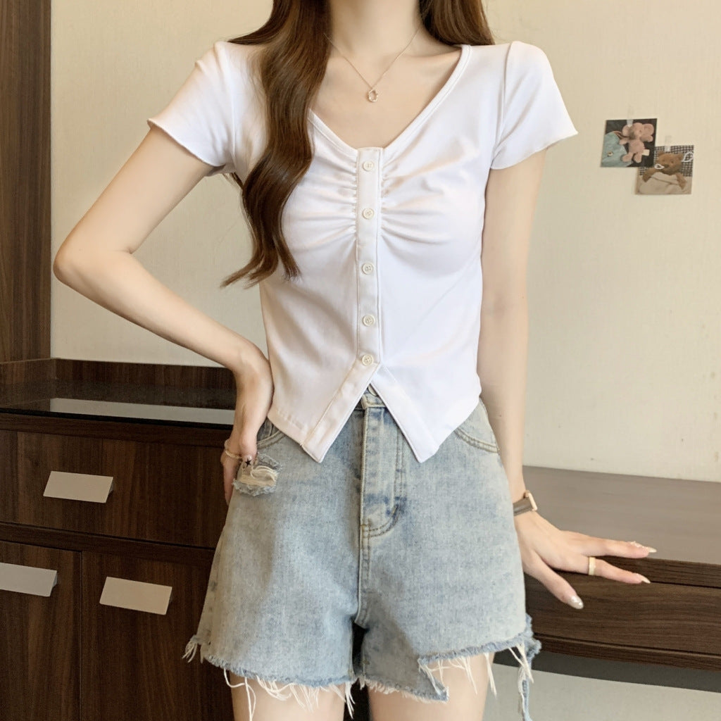 Femme Kurzarmknopf-Oben gerafftes Top mit V-Ausschnitt Heidi-Mode