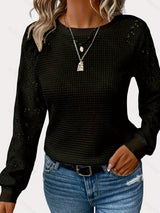 Damen nan Pullover mit Waffelstruktur, Raglanform und transparenter Spitzenärmel Drune in Schwarz