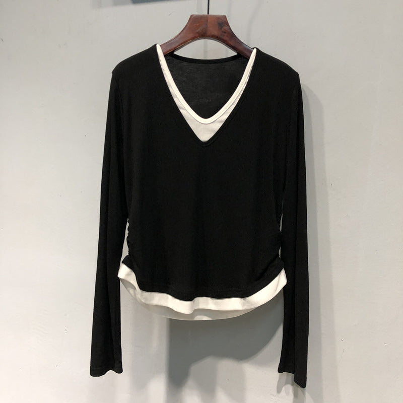 Femme Lagen V-Ausschnitt Langarmtop mit verstellbarem Seitenschnürung Heidi-Mode