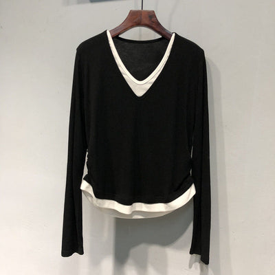 Femme Lagen V-Ausschnitt Langarmtop mit verstellbarem Seitenschnürung Heidi-Mode