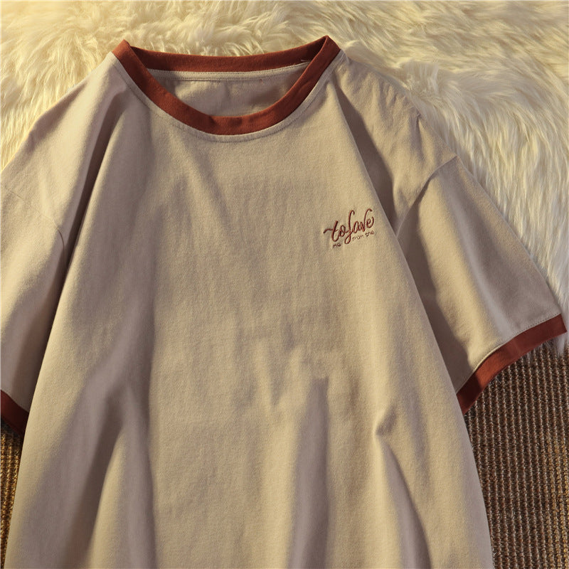 Damen Relaxed Fit Besticktes T-Shirt mit Kontrastbesatz Heidi-Mode