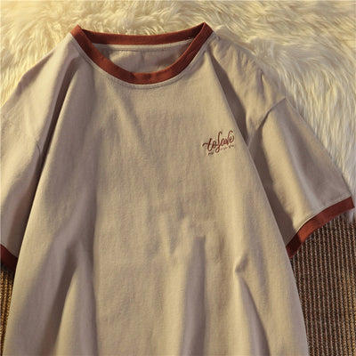 Damen Relaxed Fit Besticktes T-Shirt mit Kontrastbesatz Heidi-Mode