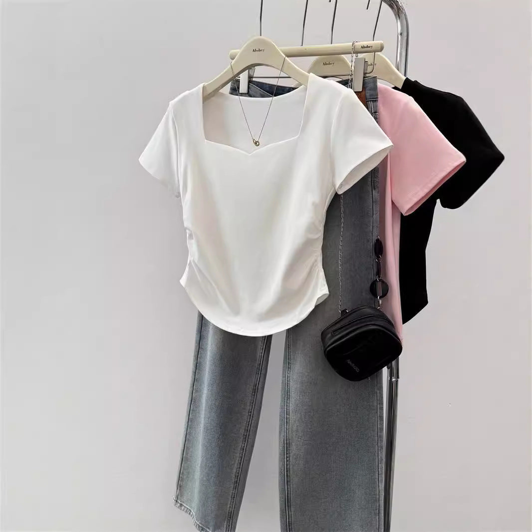 Damen Kurzarm Quadrat-Ausschnitt Raffung T-Shirt Heidi-Mode
