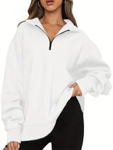 Damen nan Oversized Sweatshirt mit Kurzreißverschluss, Stehkragen und Kängurutasche Drune in Weiß