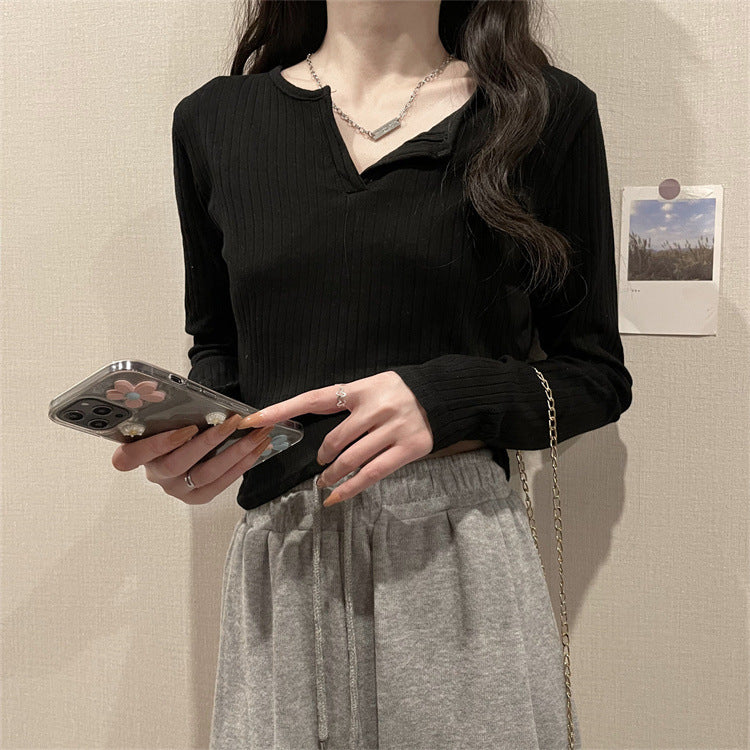 Damen Langarm V-Ausschnitt Ripp-Top Heidi-Mode