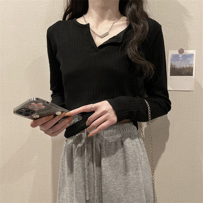 Damen Langarm V-Ausschnitt Ripp-Top Heidi-Mode