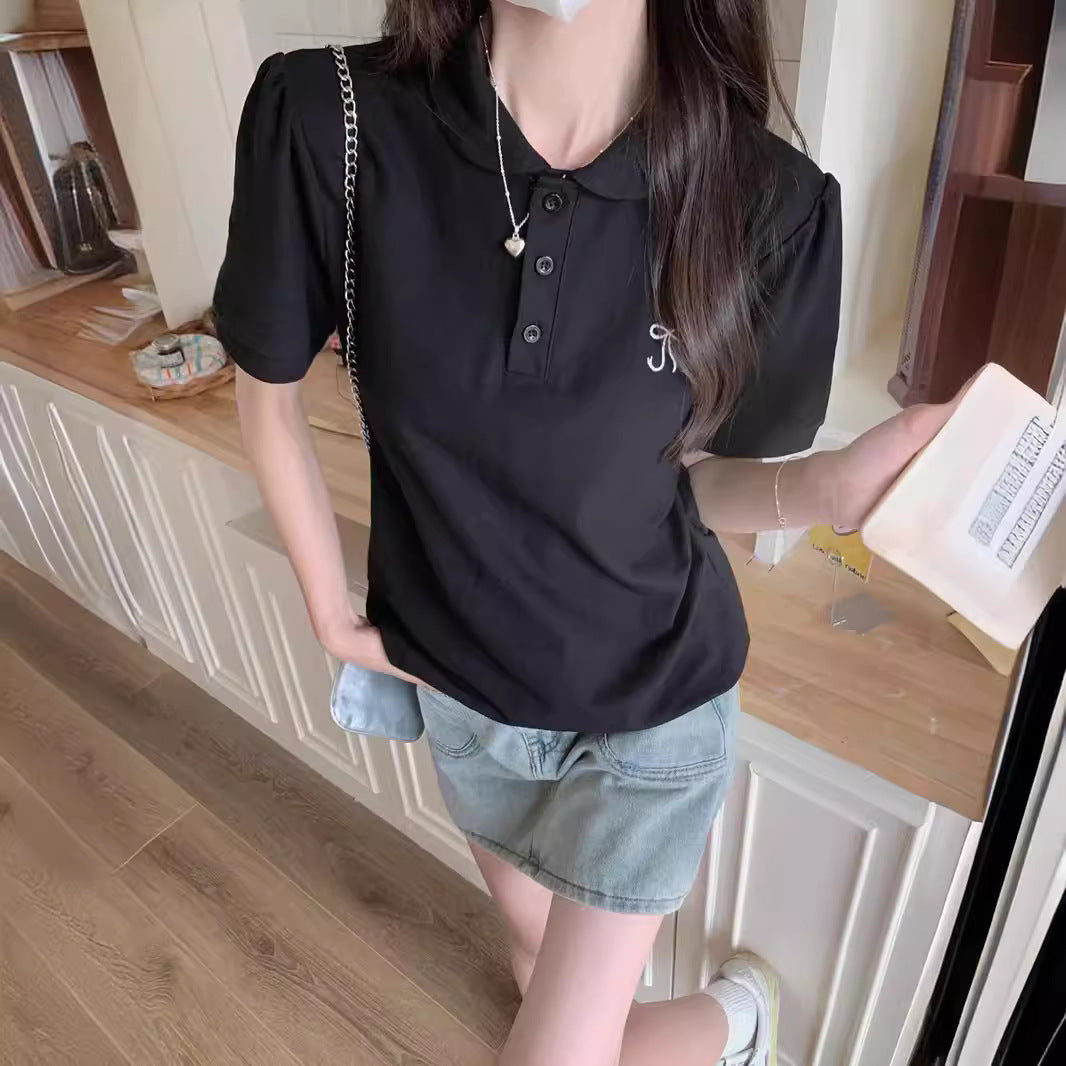 Damen Kurzarm-Polo-Shirt mit stilvollen Puffärmeln Heidi-Mode