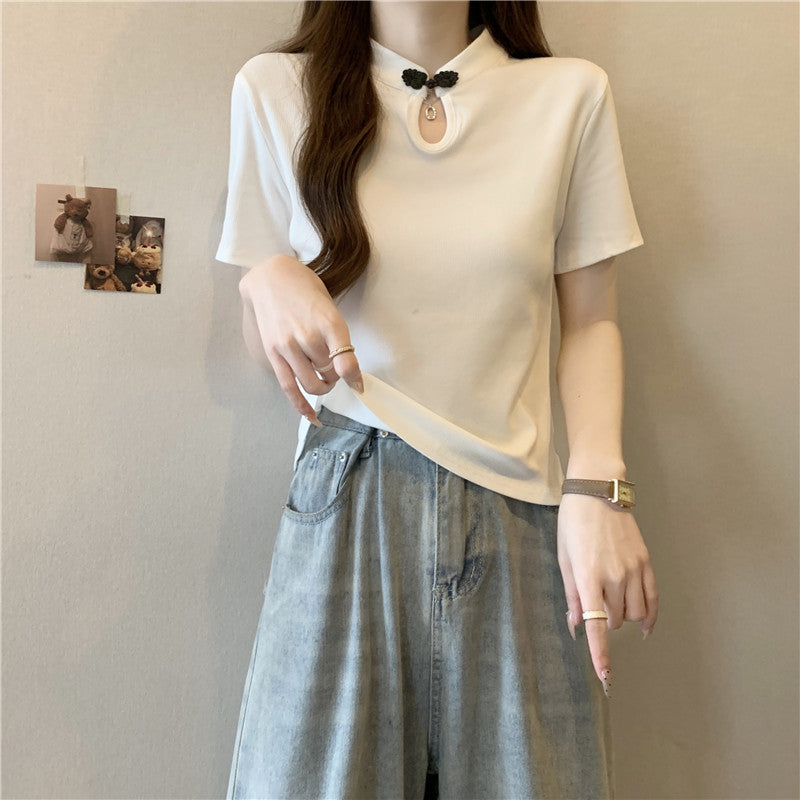 Femme Kurzarm-T-Shirt mit Schlüsselloch-Ausschnitt und dekorativem Bogen Heidi-Mode