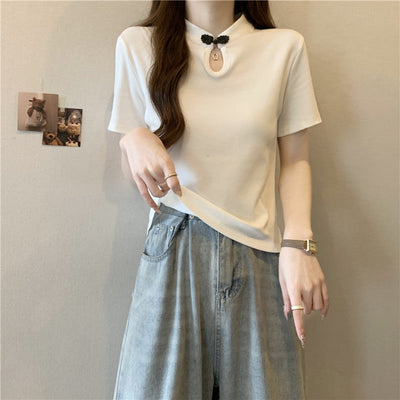 Femme Kurzarm-T-Shirt mit Schlüsselloch-Ausschnitt und dekorativem Bogen Heidi-Mode