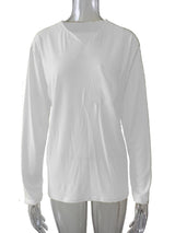 Damen nan legeres Langarmshirt mit V-Notch-Ausschnitt, Brusttasche und lockerer Oversize-Passform Drune in Ohne Tasche - Weiß Langarm