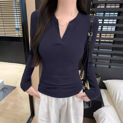 Damen Ripp Longsleeve Henley Top mit modernem V-Ausschnitt Heidi-Mode