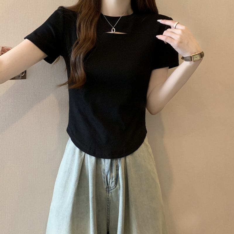 Femme Kurzarm-Ripp-T-Shirt mit stilvollem Ausschnitt-Detail Heidi-Mode