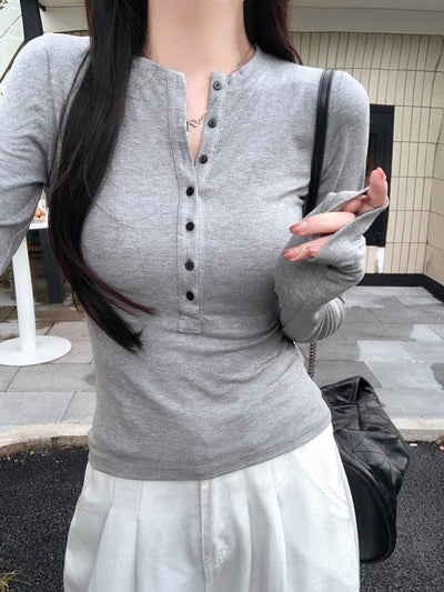 Femme Langarm-Henley-Top mit elegantem Knopfdetail Heidi-Mode