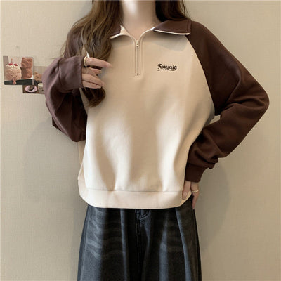 Damen Quarter-Zip Casual Sweatshirt mit kontrastierenden Ärmeln Heidi-Mode