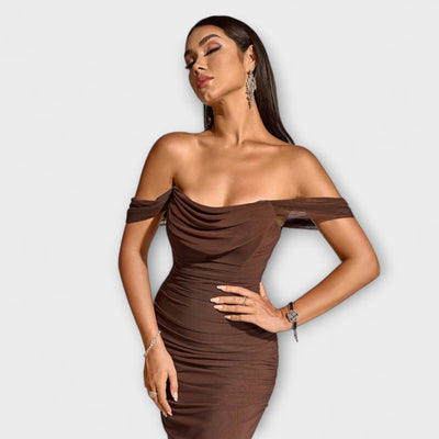 Ione - Off-Shoulder Raffung Bodycon Kleid