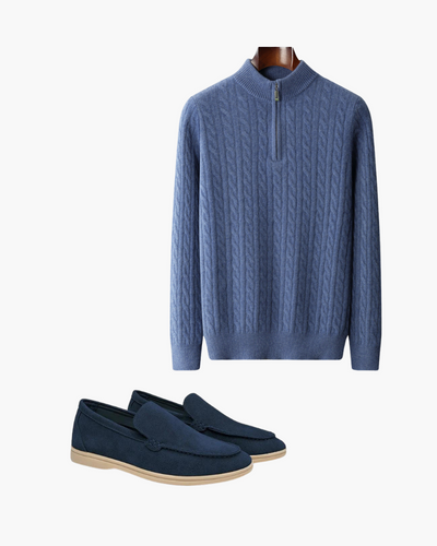 Damian | Blau Zopfmuster-Pullover & Wildleder-Loafer 2-teiliges Passendes Outfit