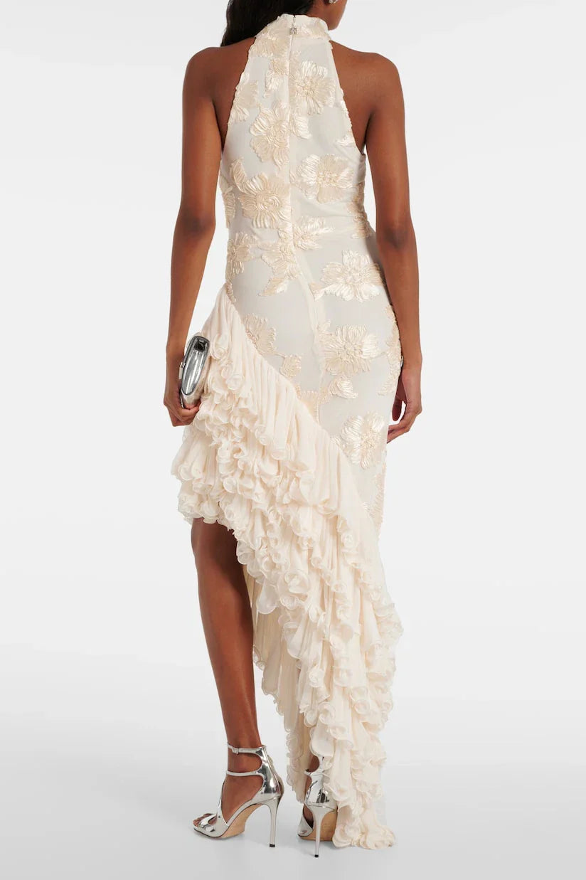 Asymmetrisches Abendkleid | Florale Stickerei & Volantdetails | Elegante Raffinesse