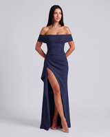 Damen Off Shoulder Maxikleid für elegante Abendmode in Marineblau