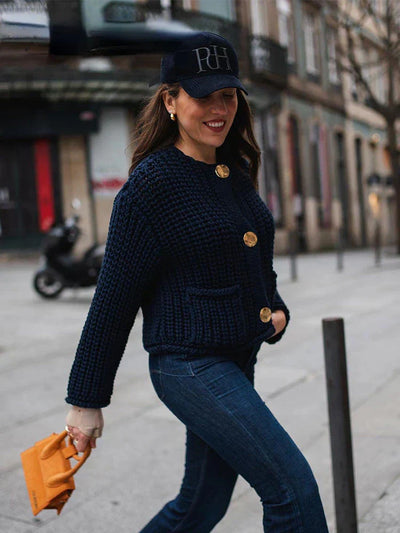 50 % Rabatt | Solace™ | Marineblaue Damen Strickjacke mit V-Ausschnitt, Knöpfen und Taschen  [ Letzter Tag Rabatt ]