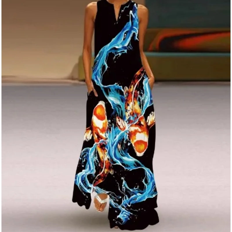 Avelena | V-Ausschnitt Smaragdblumen Ärmelloses Kleid