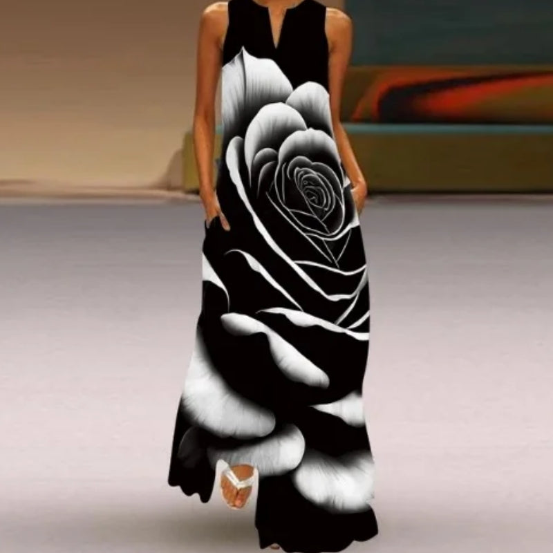 Avelena | V-Ausschnitt Smaragdblumen Ärmelloses Kleid