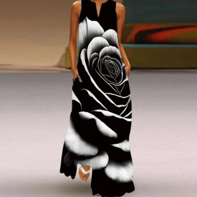 Avelena | V-Ausschnitt Smaragdblumen Ärmelloses Kleid