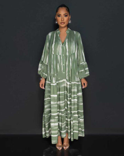 Avelena | Gedrucktes V-Ausschnitt Langarmkleid