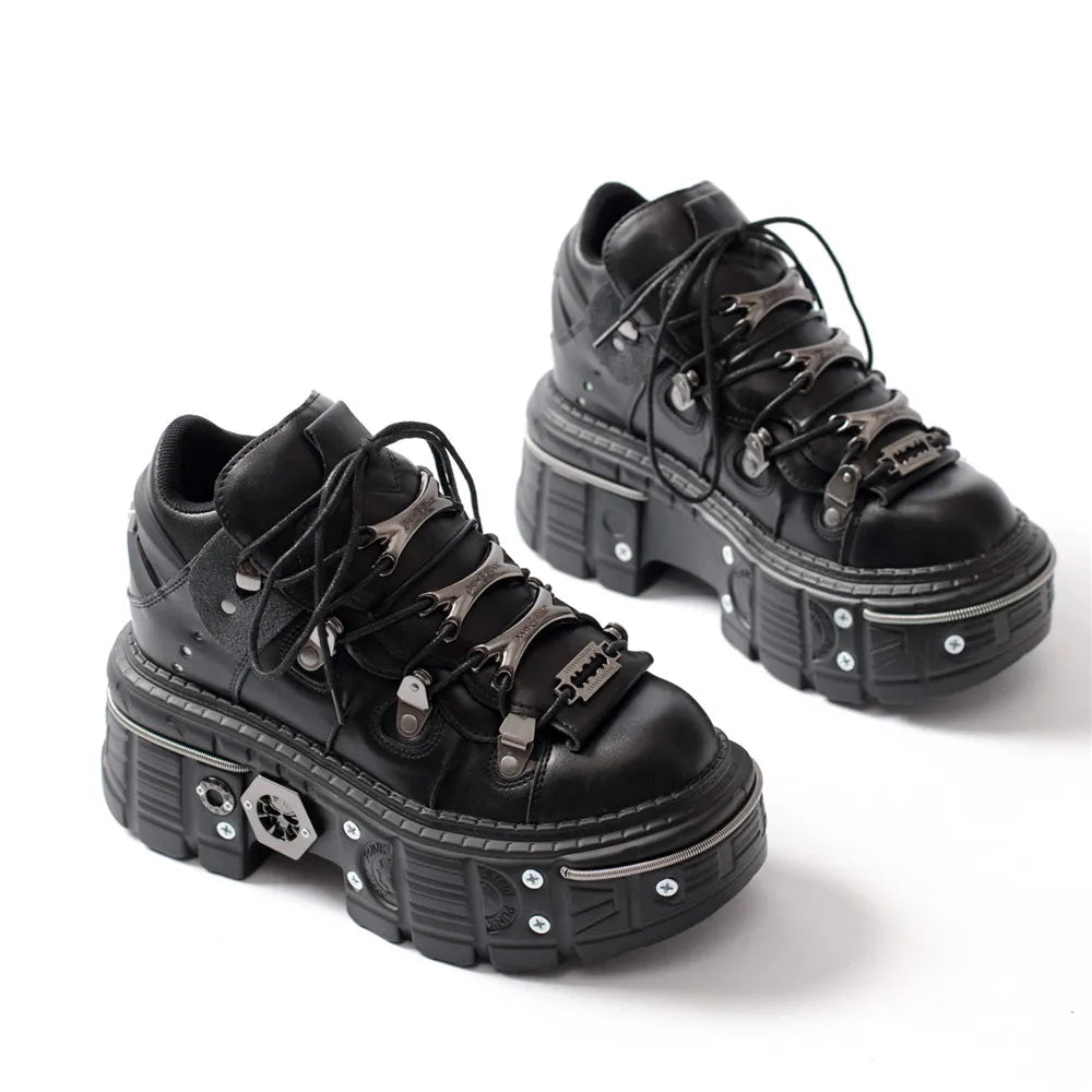 Heidi-Mode | Fashion Frauen Ankle Boots Damen Dünne Absätze Runde Spitze Schnürsenkel Metall Dekoration Sneakers Fräulein Nieten Punk Gothic Rock Schuhe