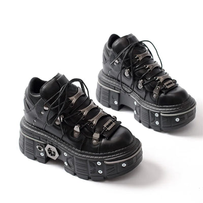 Heidi-Mode | Fashion Frauen Ankle Boots Damen Dünne Absätze Runde Spitze Schnürsenkel Metall Dekoration Sneakers Fräulein Nieten Punk Gothic Rock Schuhe