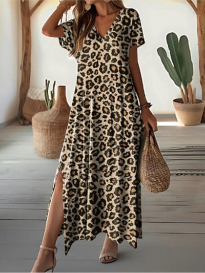 Avelena | Leopard Print V-Ausschnitt Sommer Maxi Kleid
