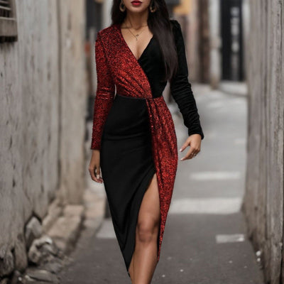 Avelena | Schwarzes und Goldenes Pailletten-Party-Kleid