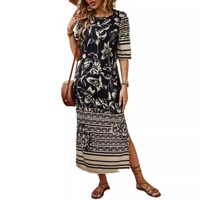 Avelena | Damen Rundhals Mittelärmel Bedrucktes Langarmkleid